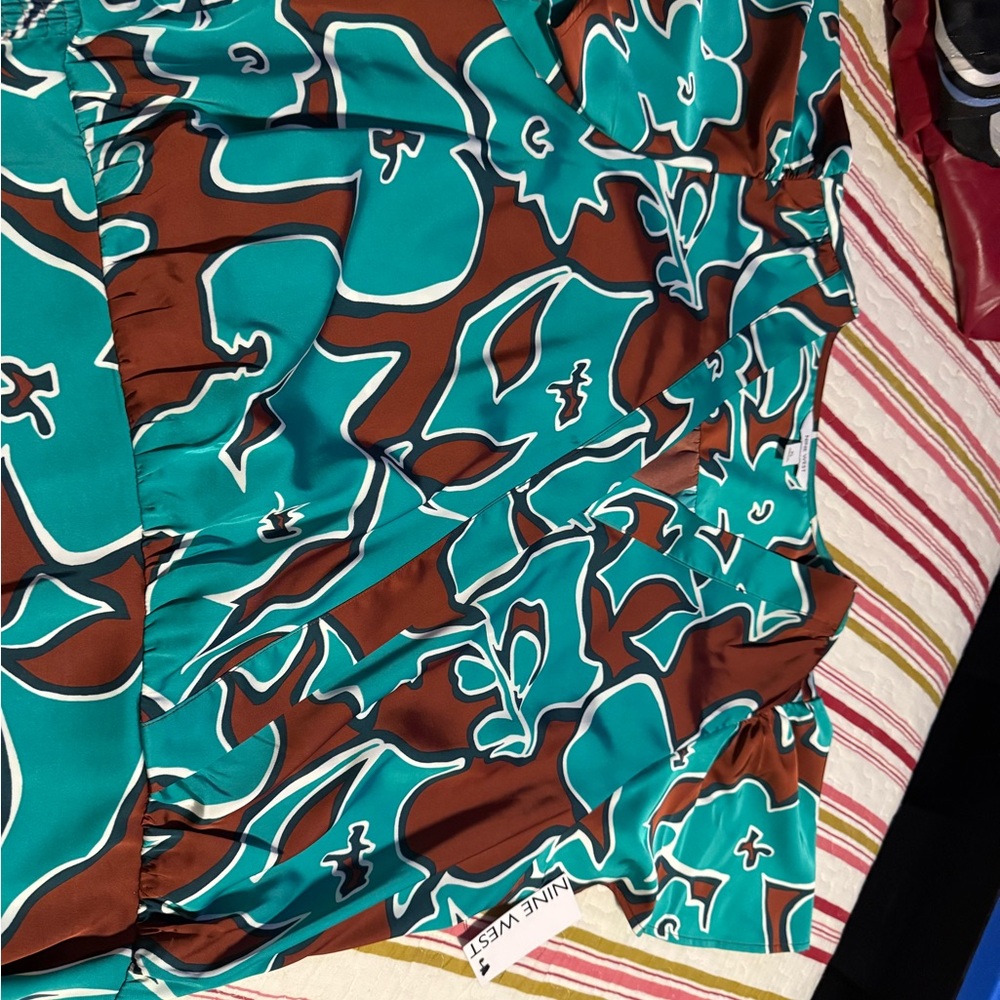 Nine West Teal and Brown Patterned Top